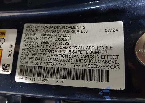 2024 Honda Accord Ex from USA, damaged, VIN 1HGCY1F37RA081326